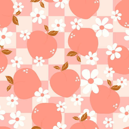 Pattern of peaches and flowers on a pink checkered background