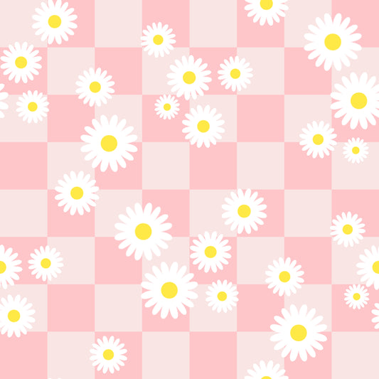 Checkered pattern with daisies on a pink background