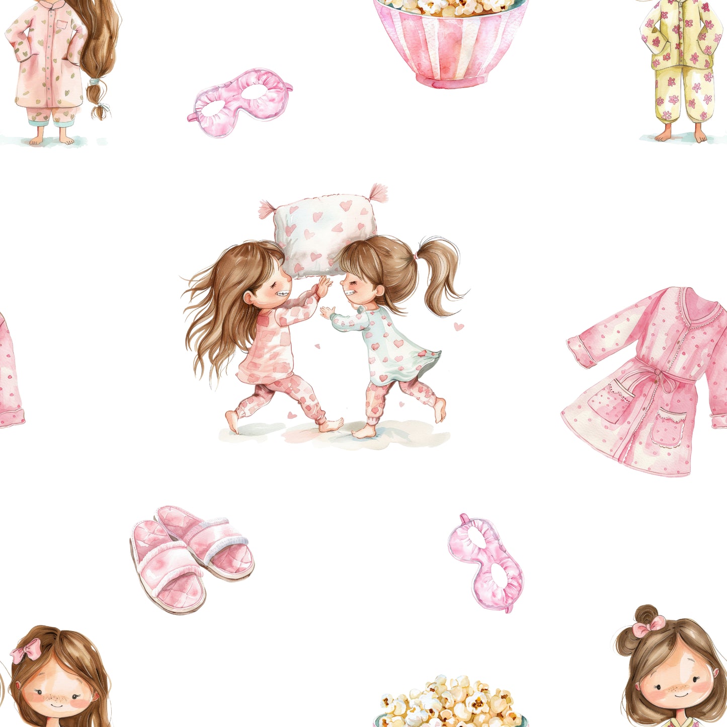 Illustrations of children in pajamas with accessories on a white background