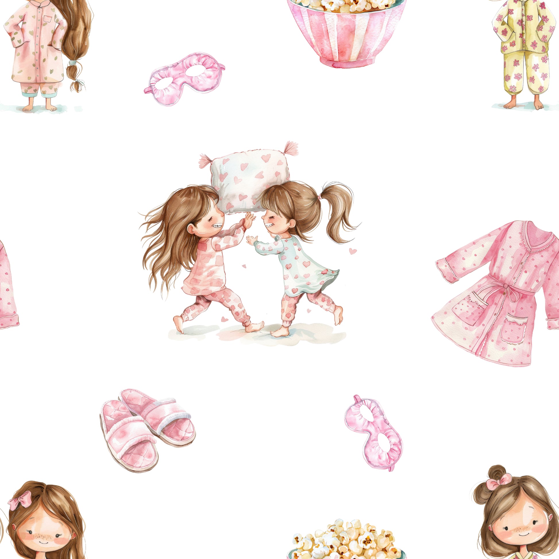 Illustrations of children in pajamas with accessories on a white background
