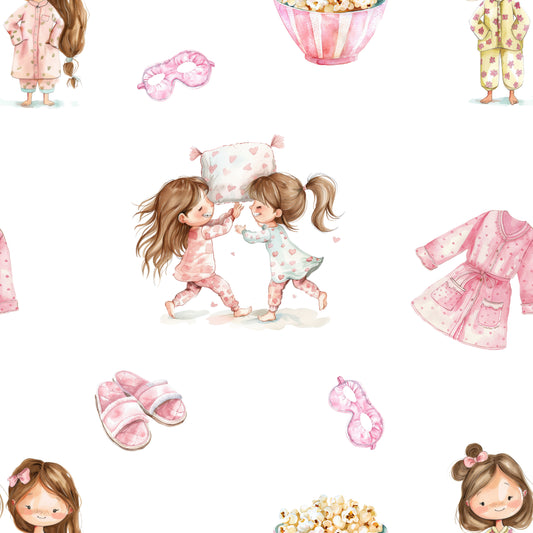 Illustrations of children in pajamas with accessories on a white background