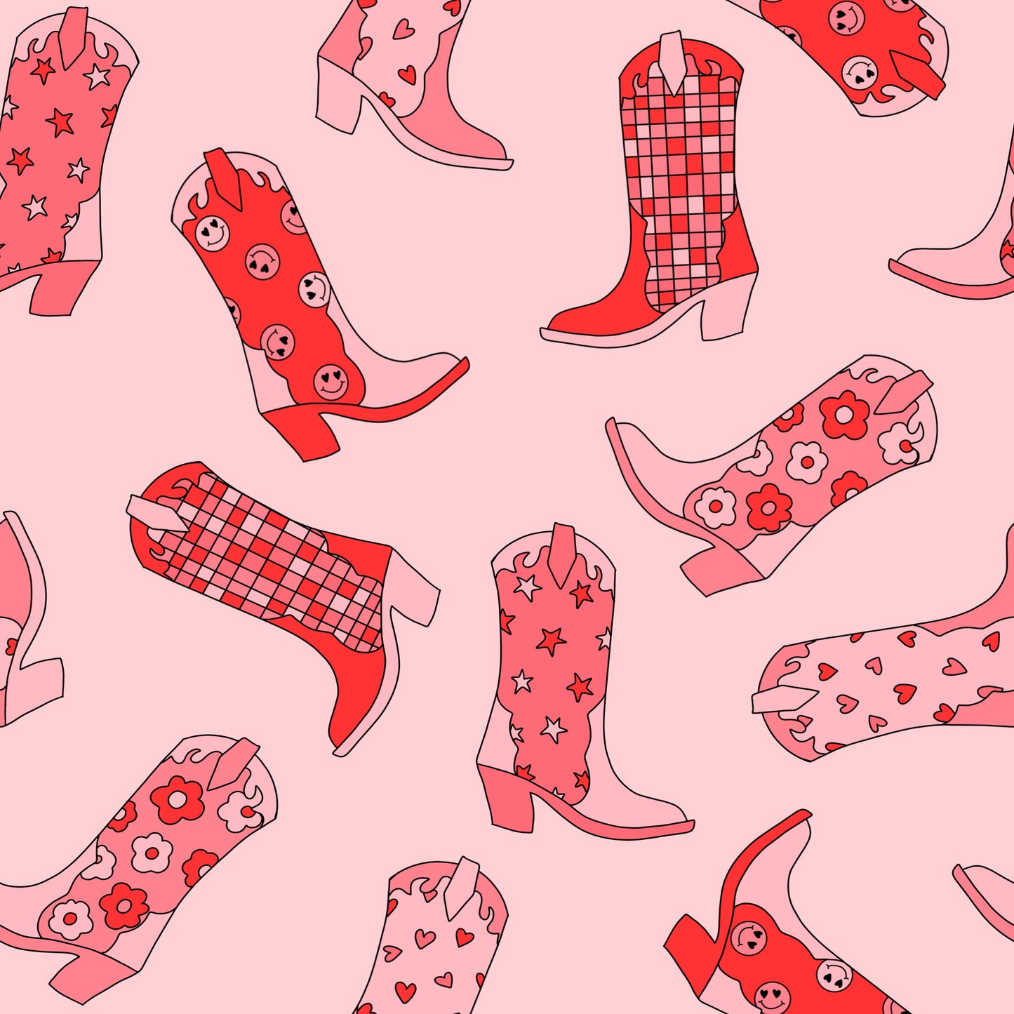 Pattern of red and pink cowboy boots on a pink background