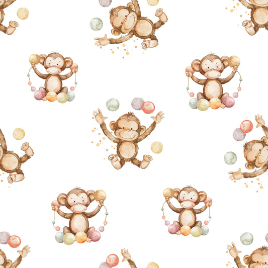 Pattern of cartoon monkeys with colorful balls on a white background