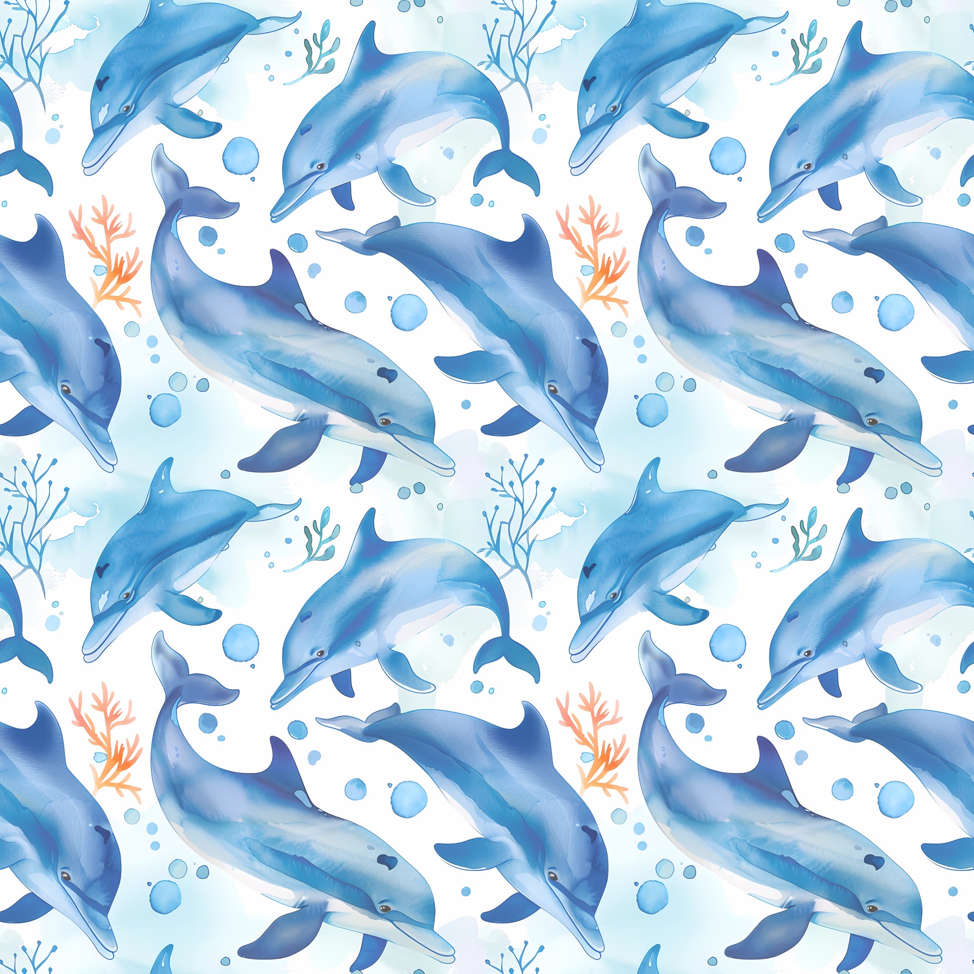Pattern of blue dolphins and underwater elements on a light blue background