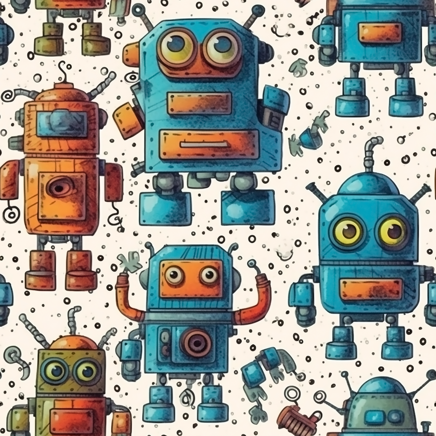 Pattern of colorful robots on a white background