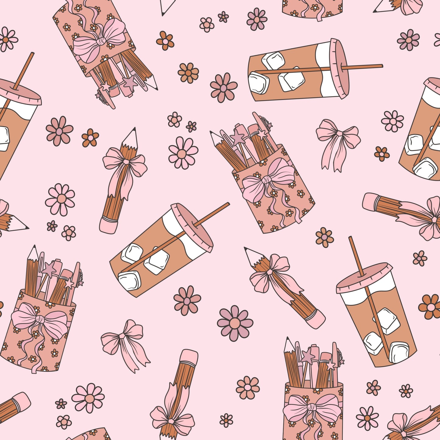 Pattern of pencils in pink cases with bows, iced coffee drinks, and flowers on a pink background.