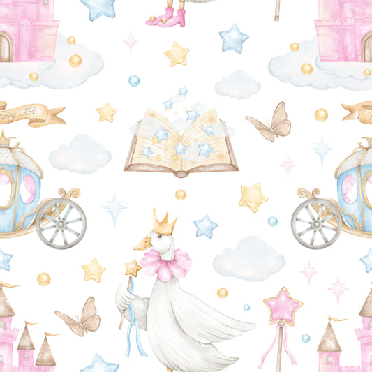 Fantasy-themed pattern with fairy tale elements on a white background