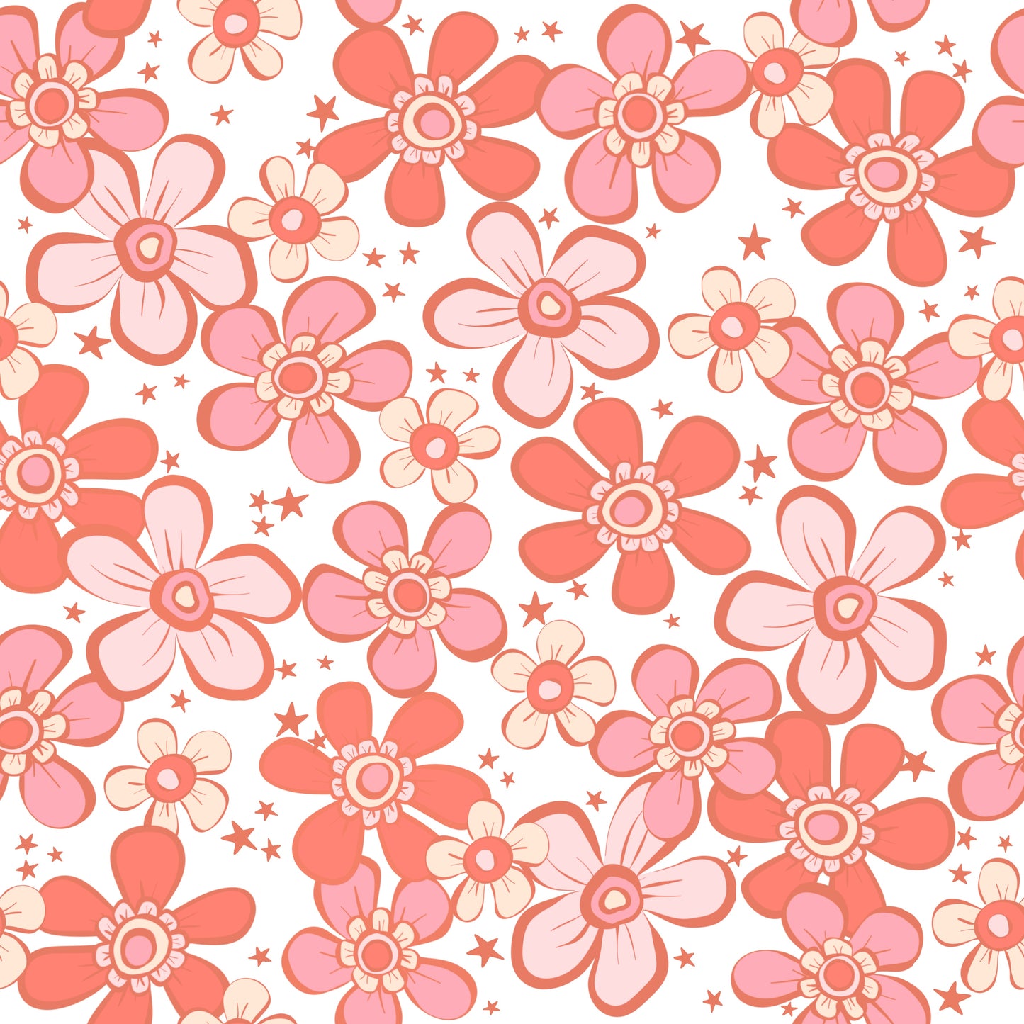Pattern of pink and red flowers on a white background with stars