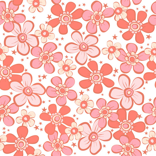 Pattern of pink and red flowers on a white background with stars