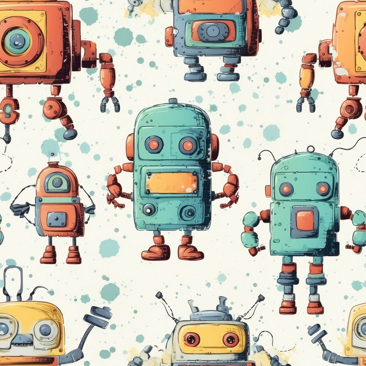 Pattern of colorful robots on a light background