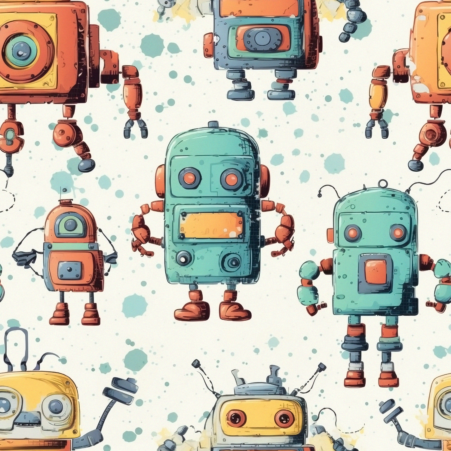 Pattern of colorful robots on a light background