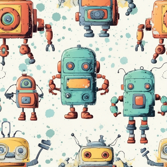Pattern of colorful robots on a light background