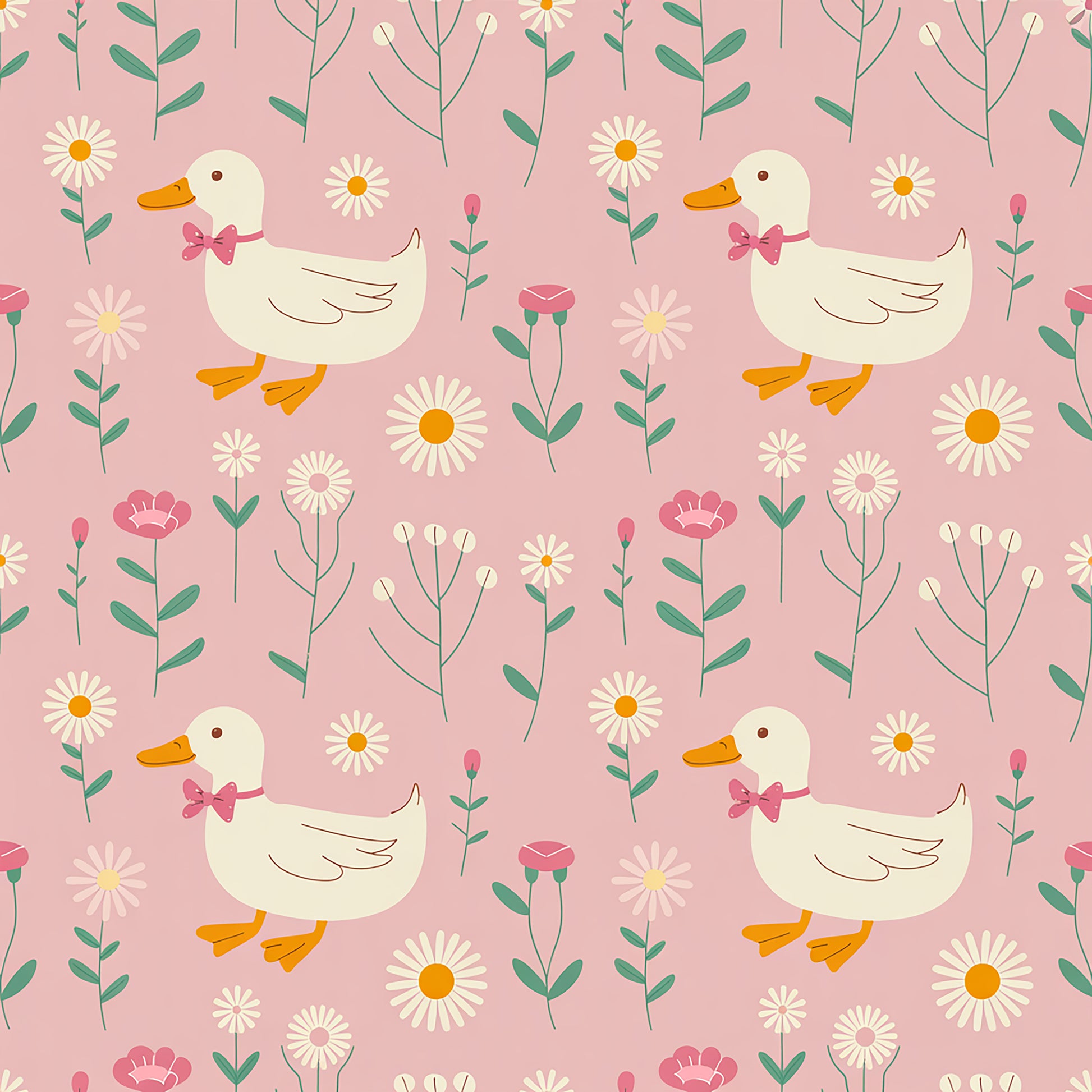 Pattern of ducks and flowers on a pink background
