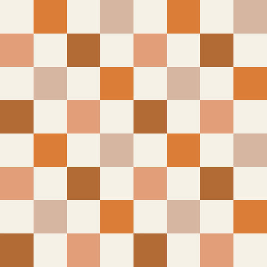 Checkered pattern with brown, orange, and beige squares on a white background
