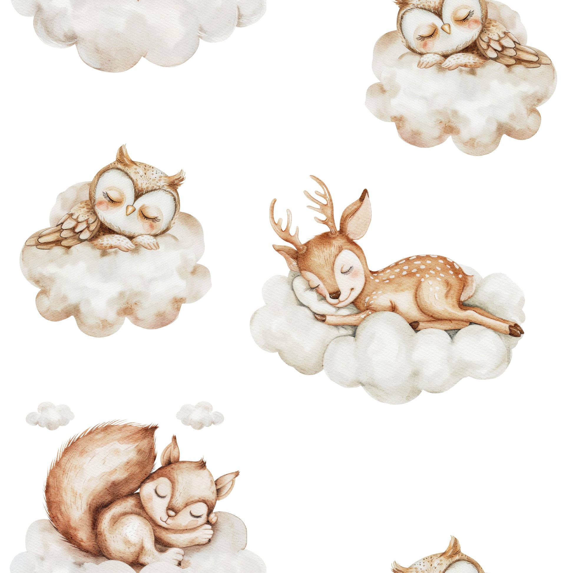 Illustrations of an owl, deer, and squirrel sleeping on clouds with a white background.