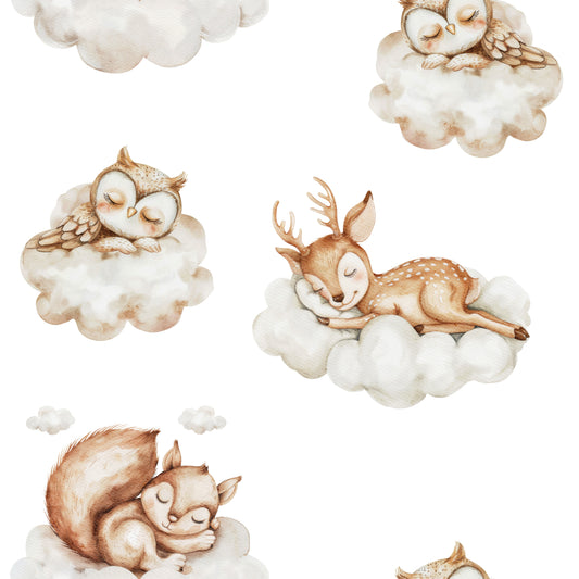 Illustrations of an owl, deer, and squirrel sleeping on clouds with a white background.
