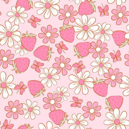 Pattern of butterflies, strawberries and flowers on a pink background