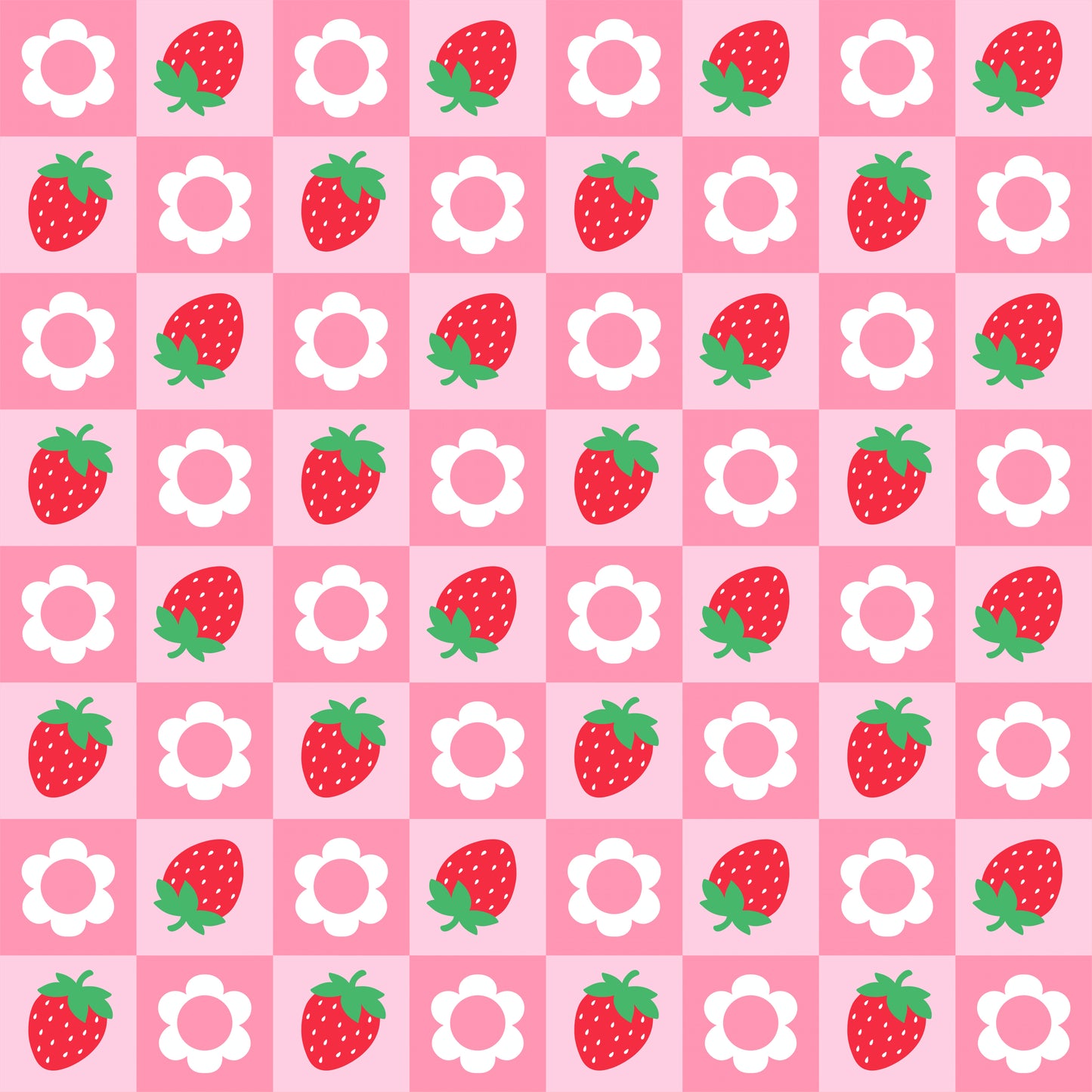 Pattern of strawberries and flowers on a pink background