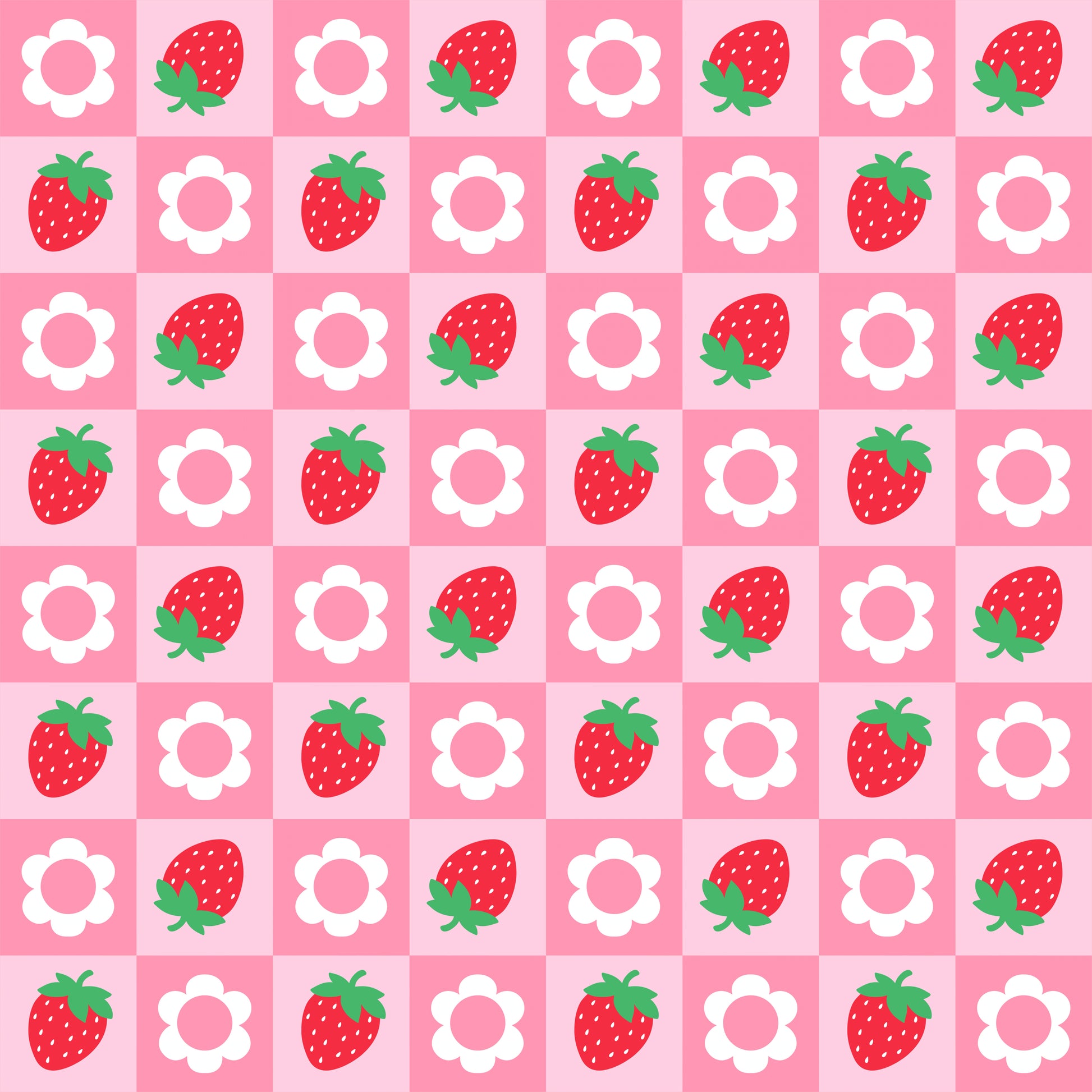 Pattern of strawberries and flowers on a pink background