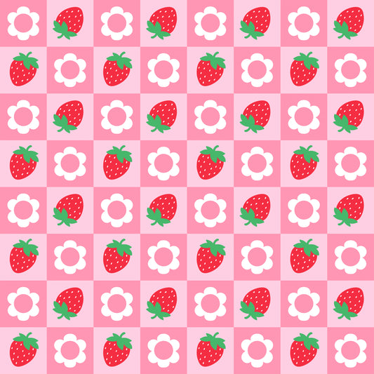 Pattern of strawberries and flowers on a pink background