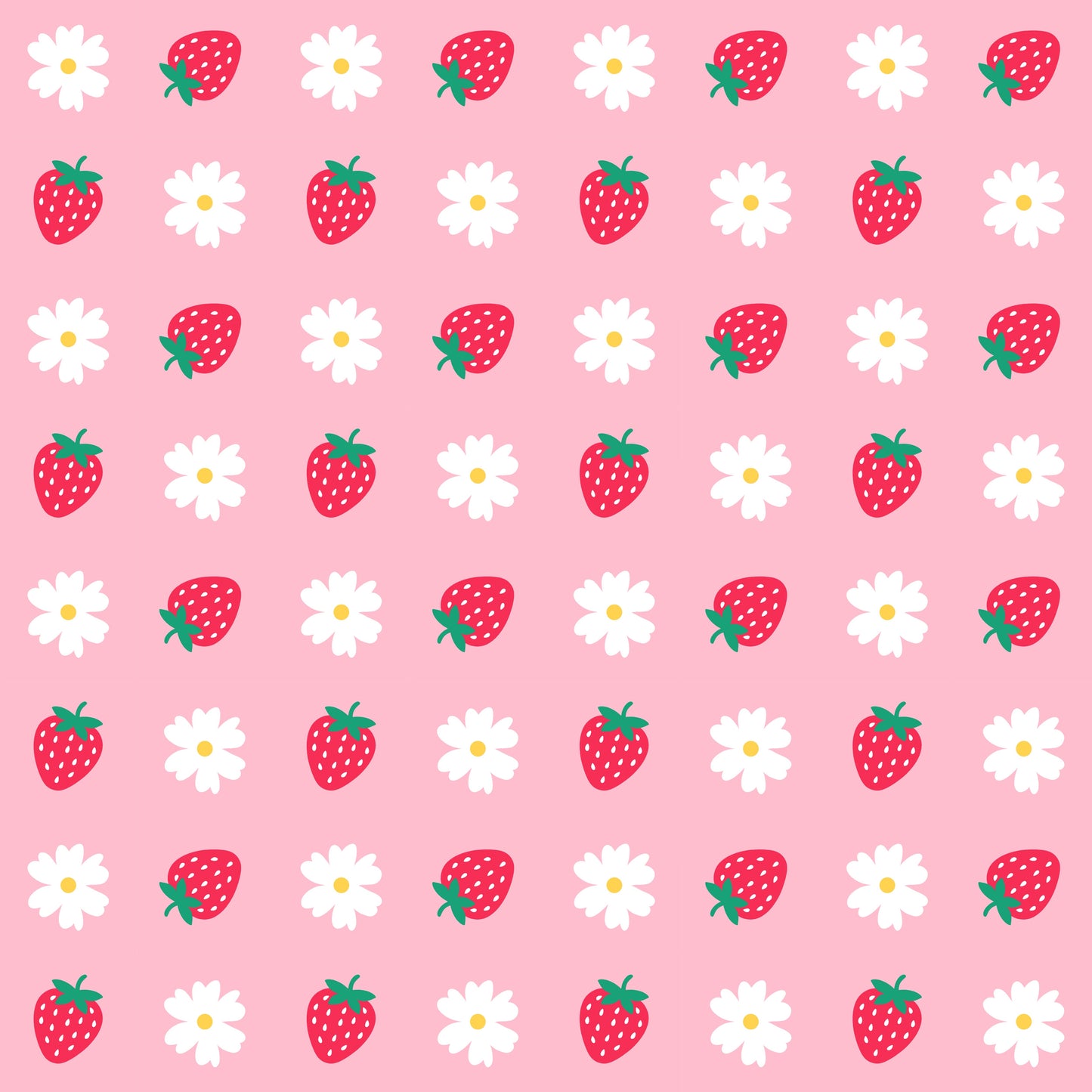 Pattern of strawberries and daisies on a pink background