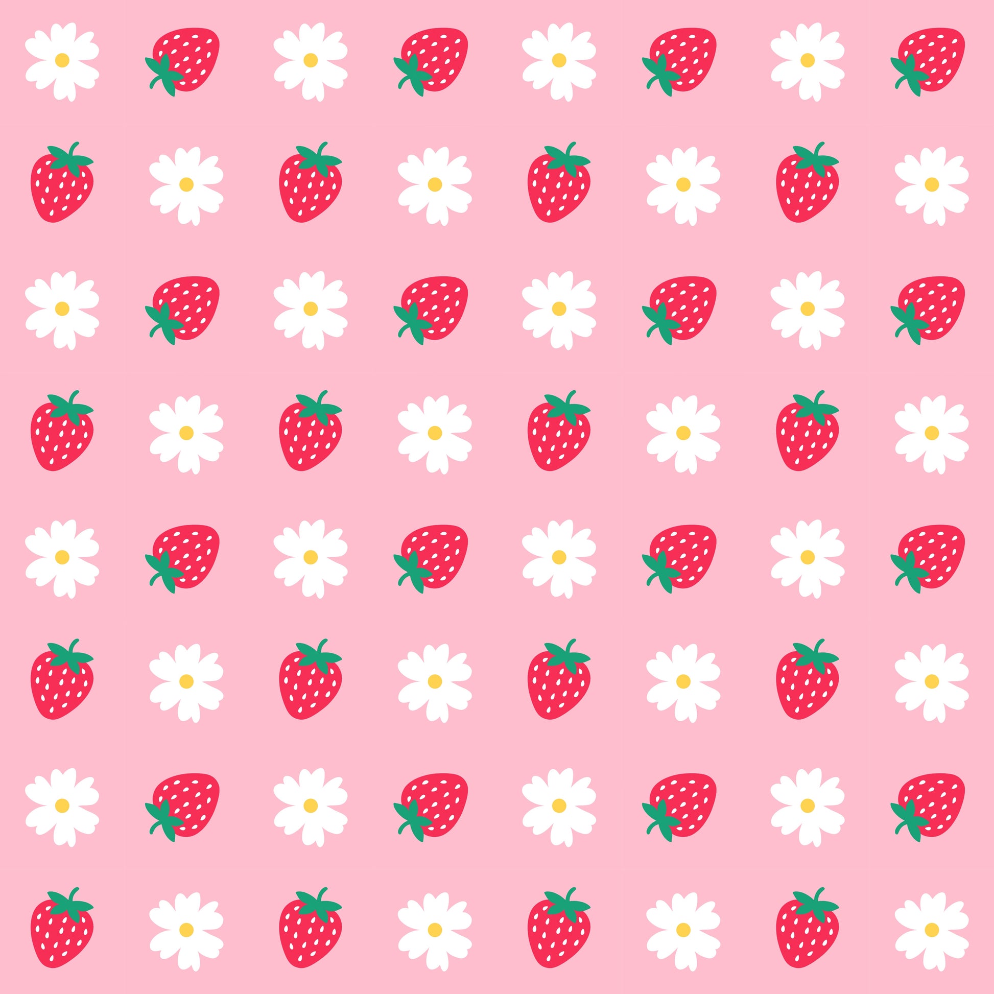 Pattern of strawberries and daisies on a pink background
