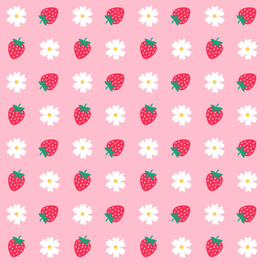 Pattern of strawberries and daisies on a pink background
