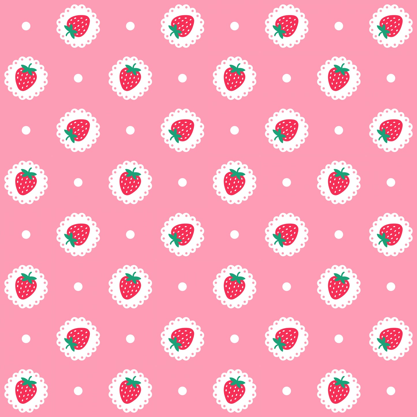 Pattern of strawberries with white lace around on a pink background