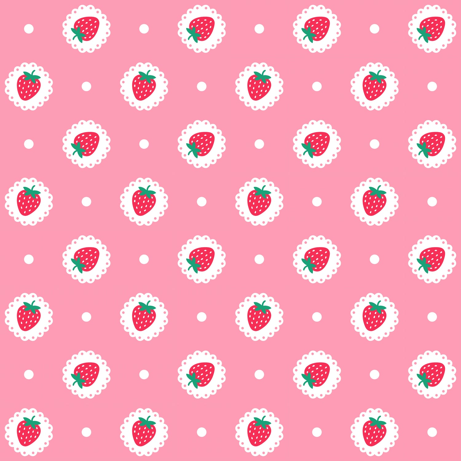 Pattern of strawberries with white lace around on a pink background
