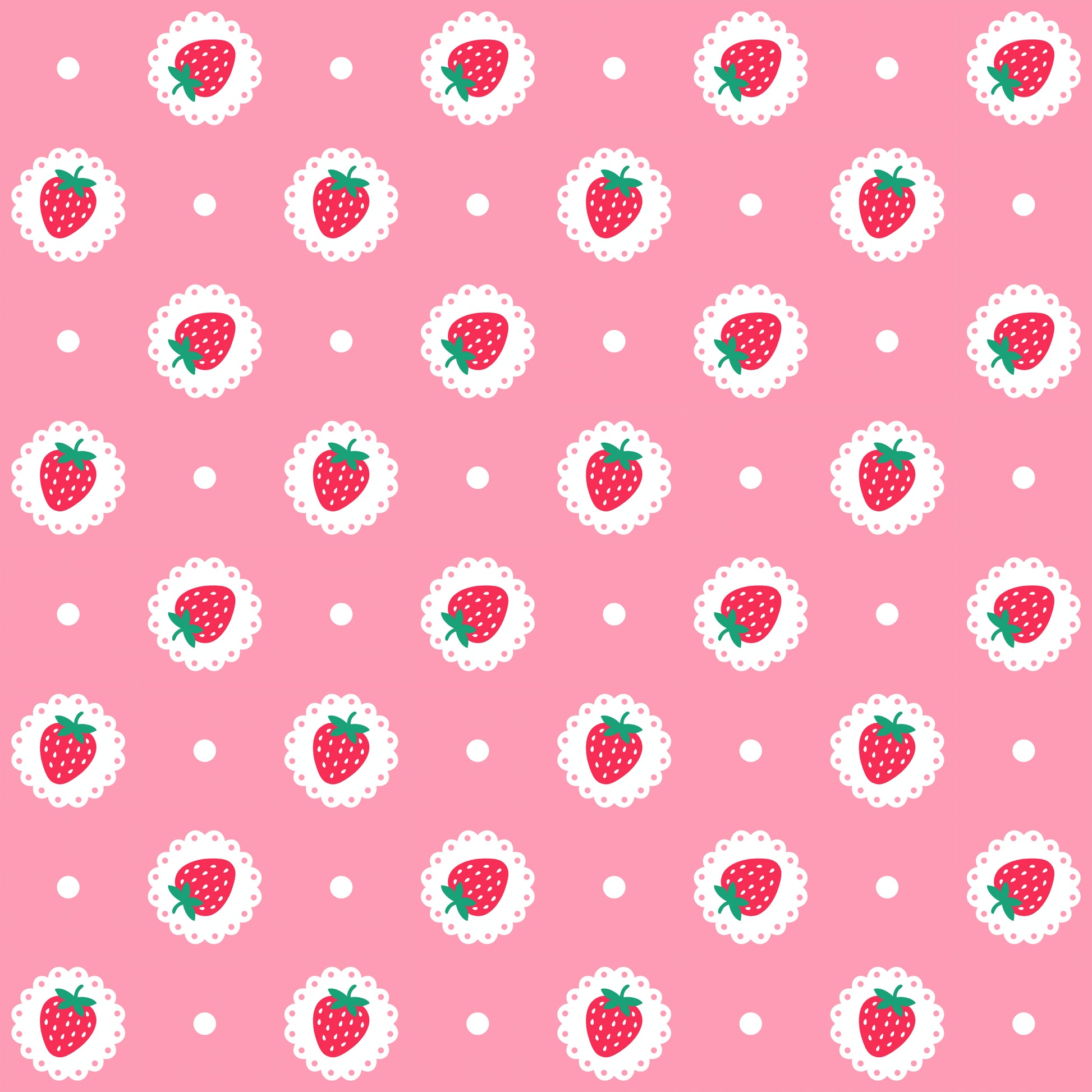 Pattern of strawberries with white lace around on a pink background