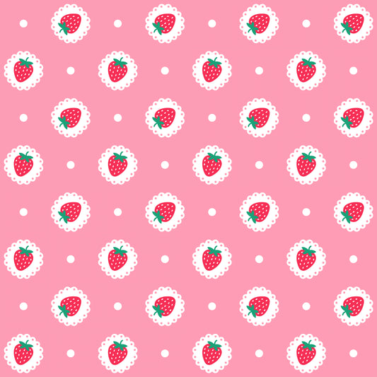 Pattern of strawberries with white lace around on a pink background
