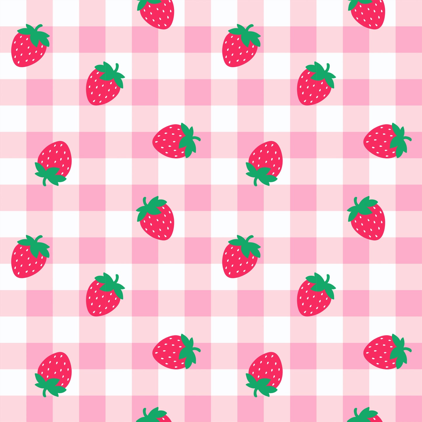 Pattern of strawberries on a pink and white checkered background