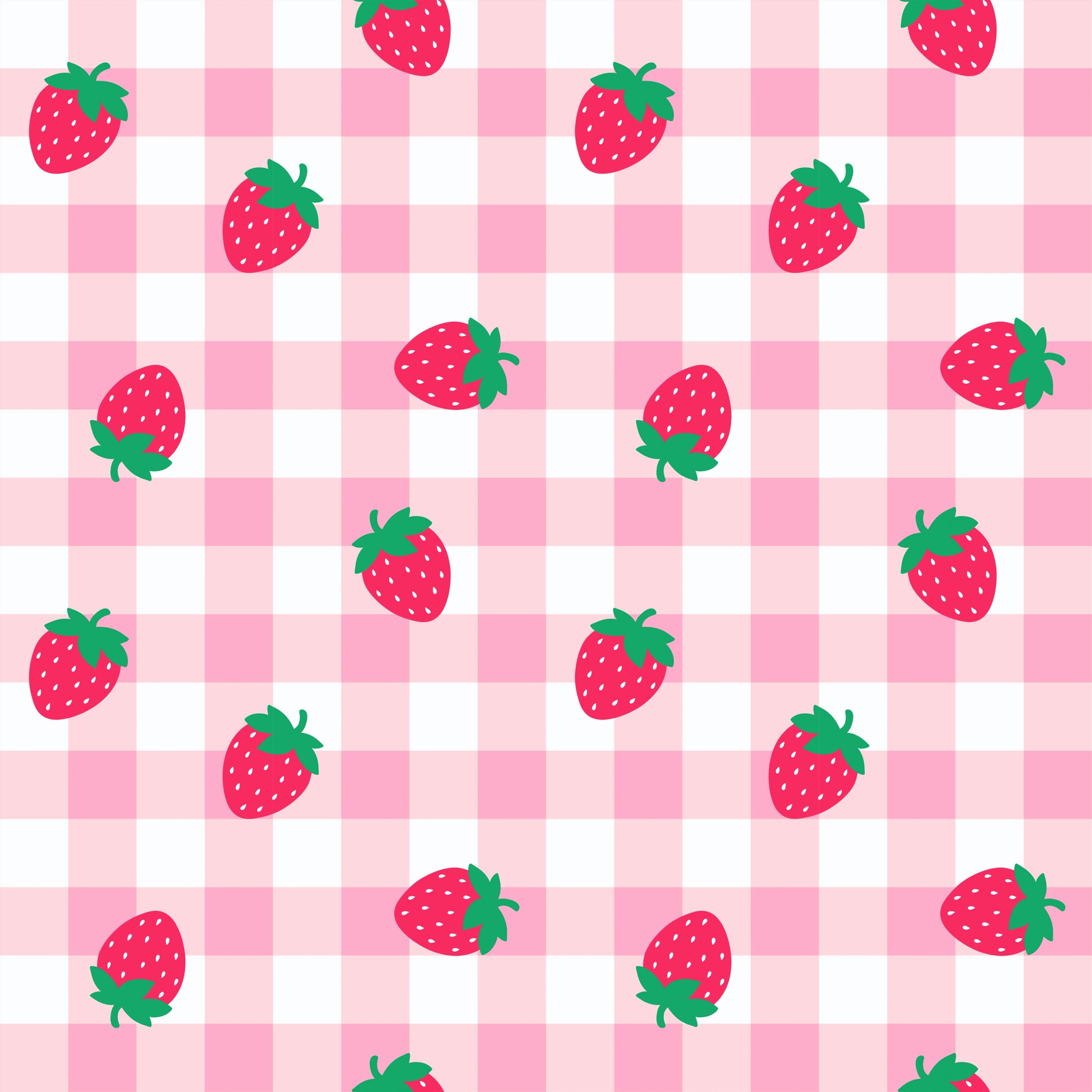Pattern of strawberries on a pink and white checkered background