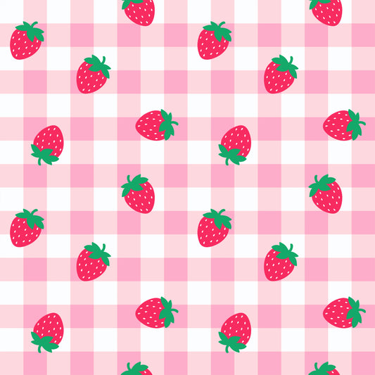 Pattern of strawberries on a pink and white checkered background