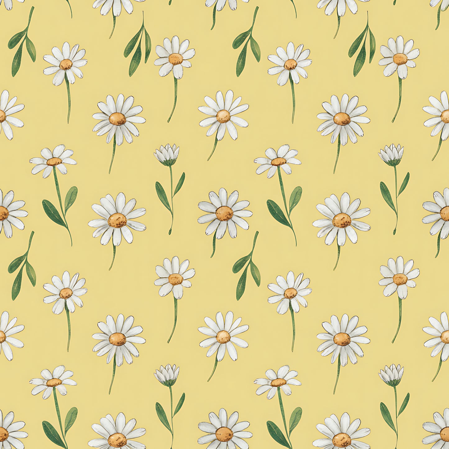Pattern of white daisies with green stems on a yellow background