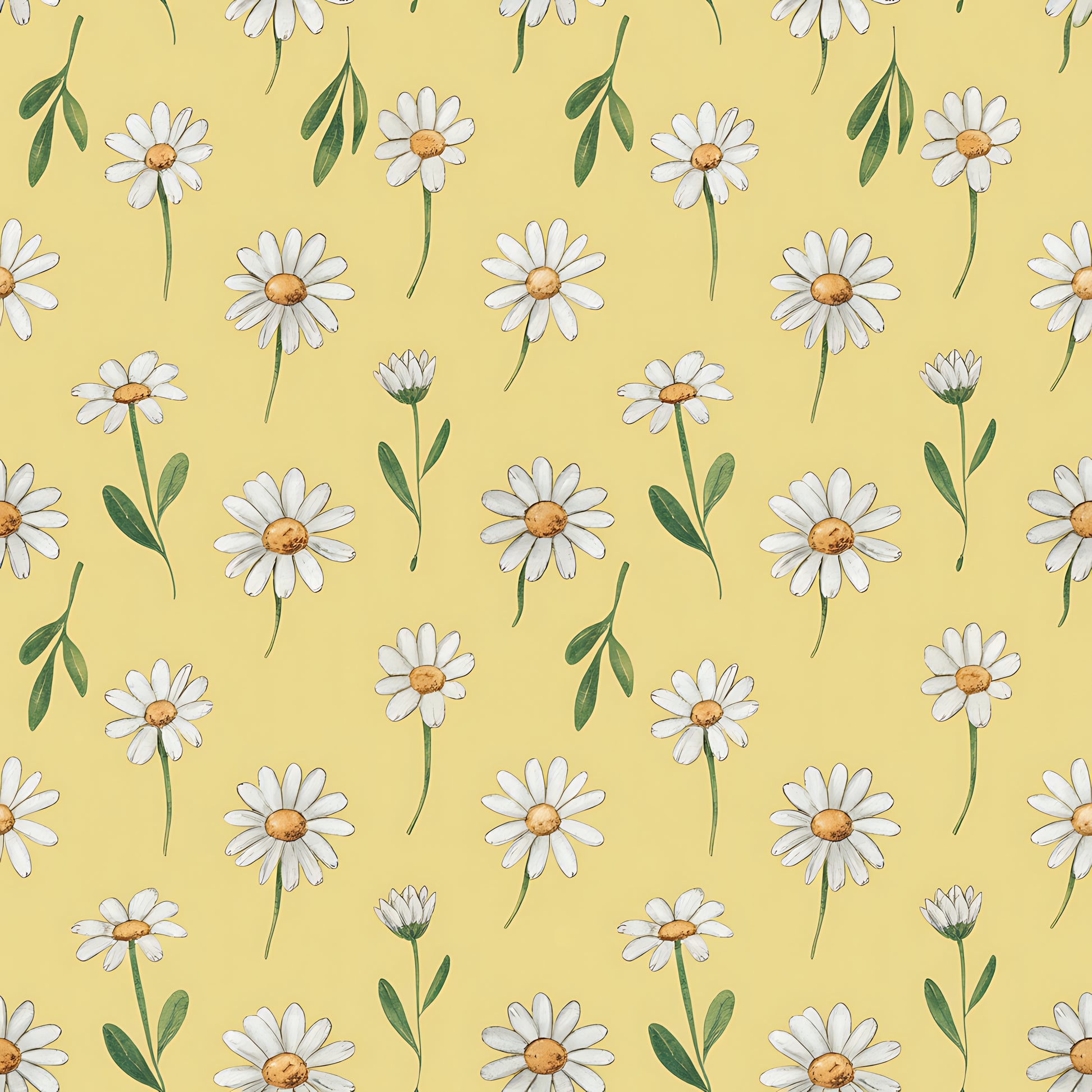 Pattern of white daisies with green stems on a yellow background