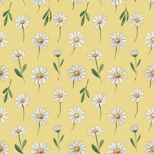 Pattern of white daisies with green stems on a yellow background
