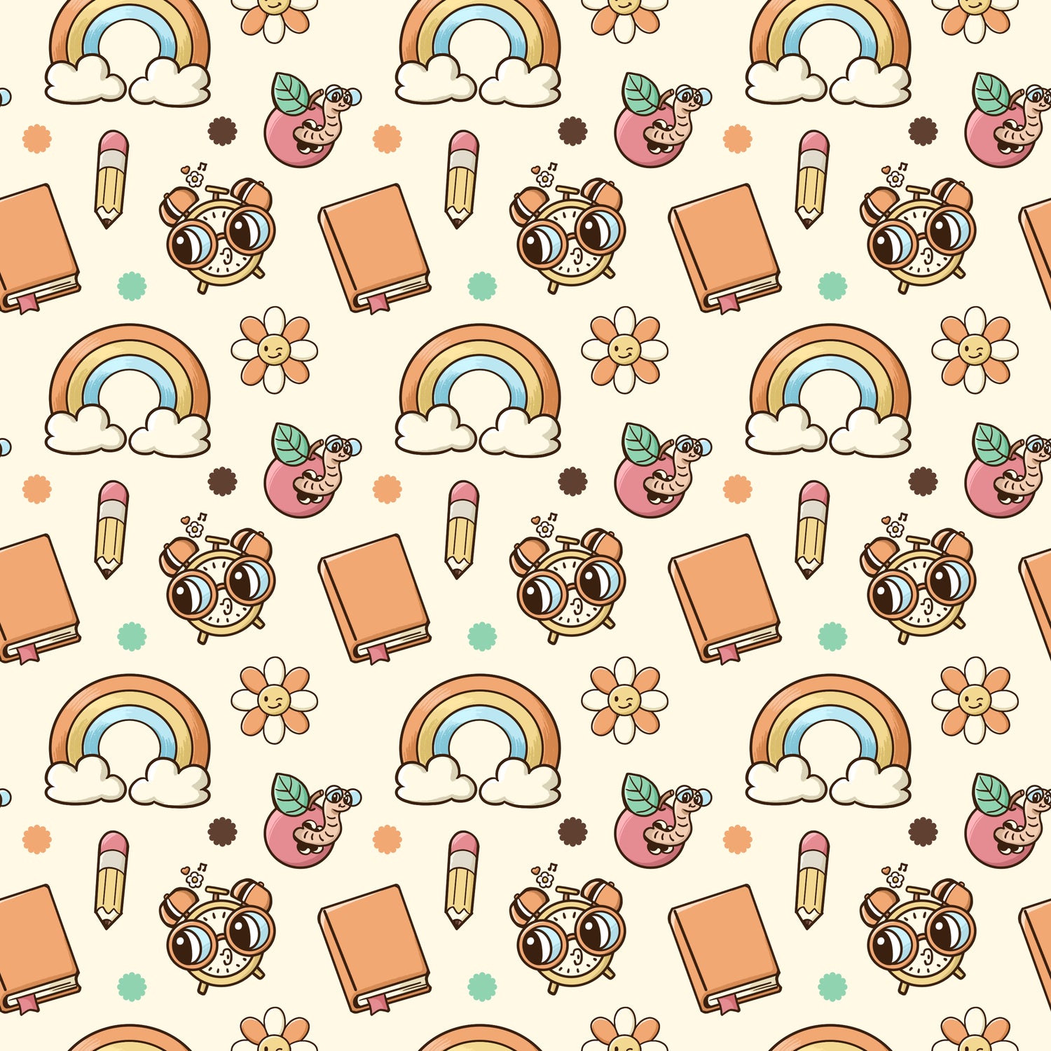 Pattern of cartoonish objects including books, clocks, rainbows, and flowers on a beige background.