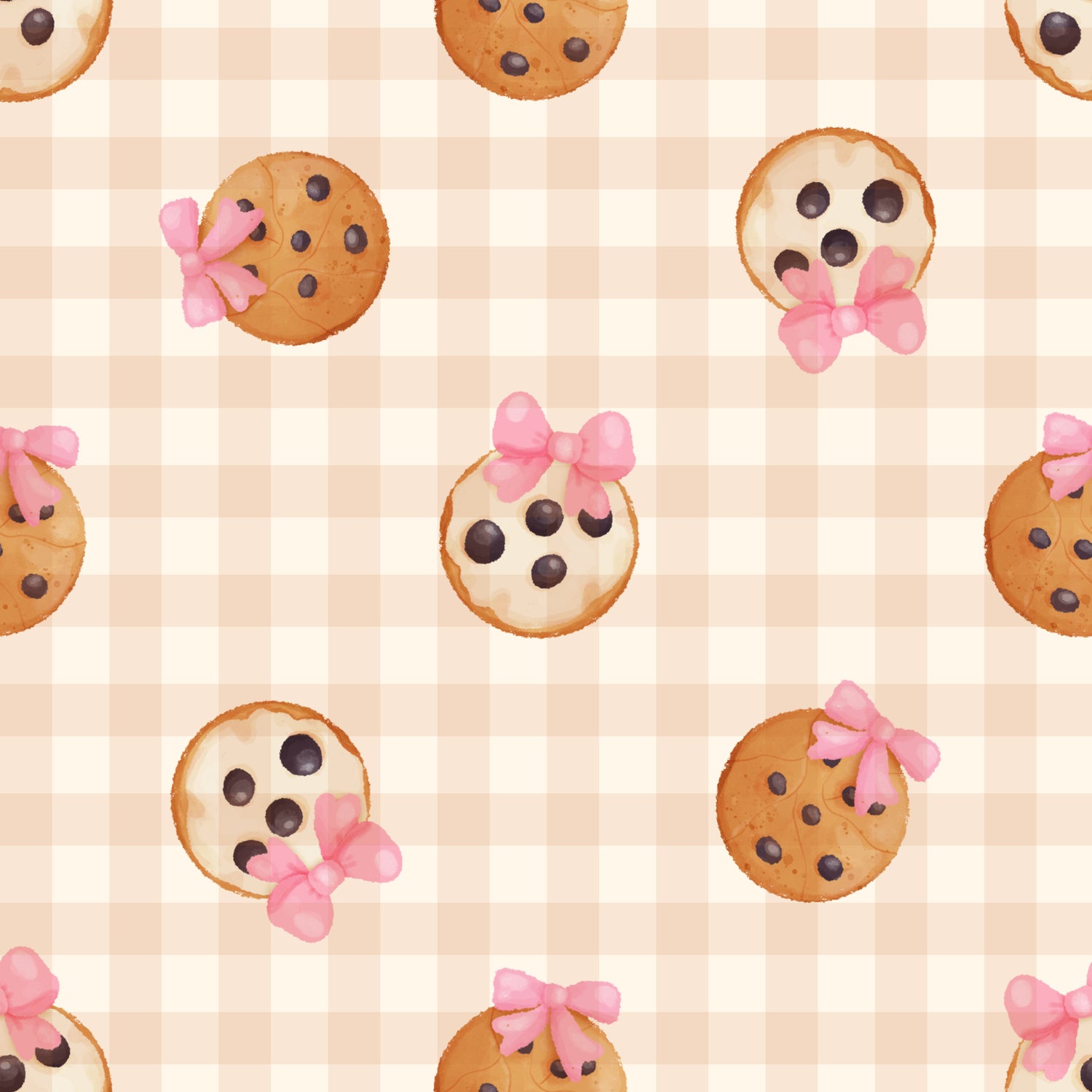 Pattern of cookies with pink bows on a checkered background
