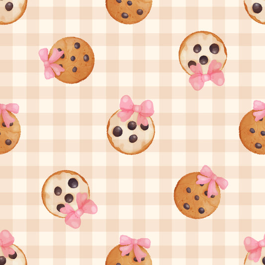 Pattern of cookies with pink bows on a checkered background