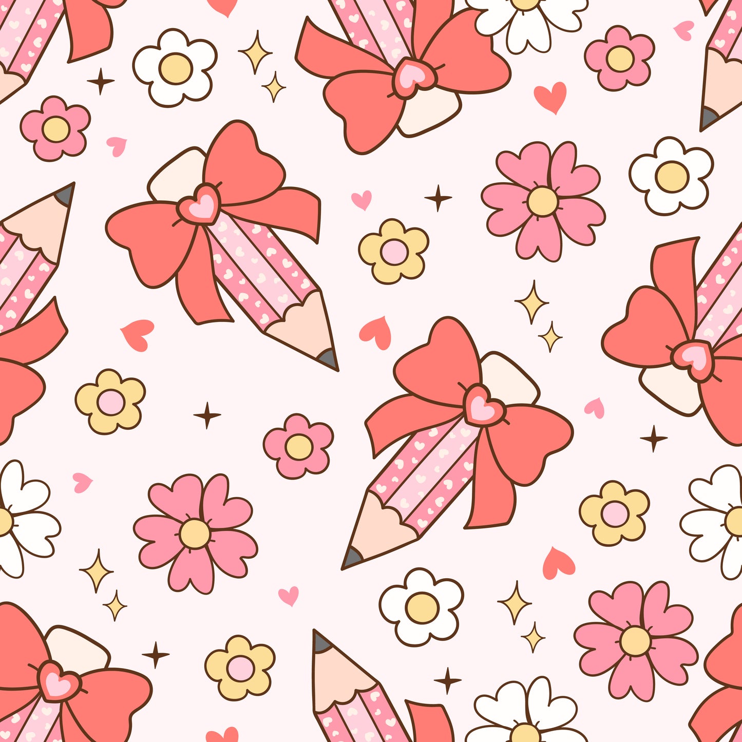 Pattern of pink pencils with red bows and flowers on a white background