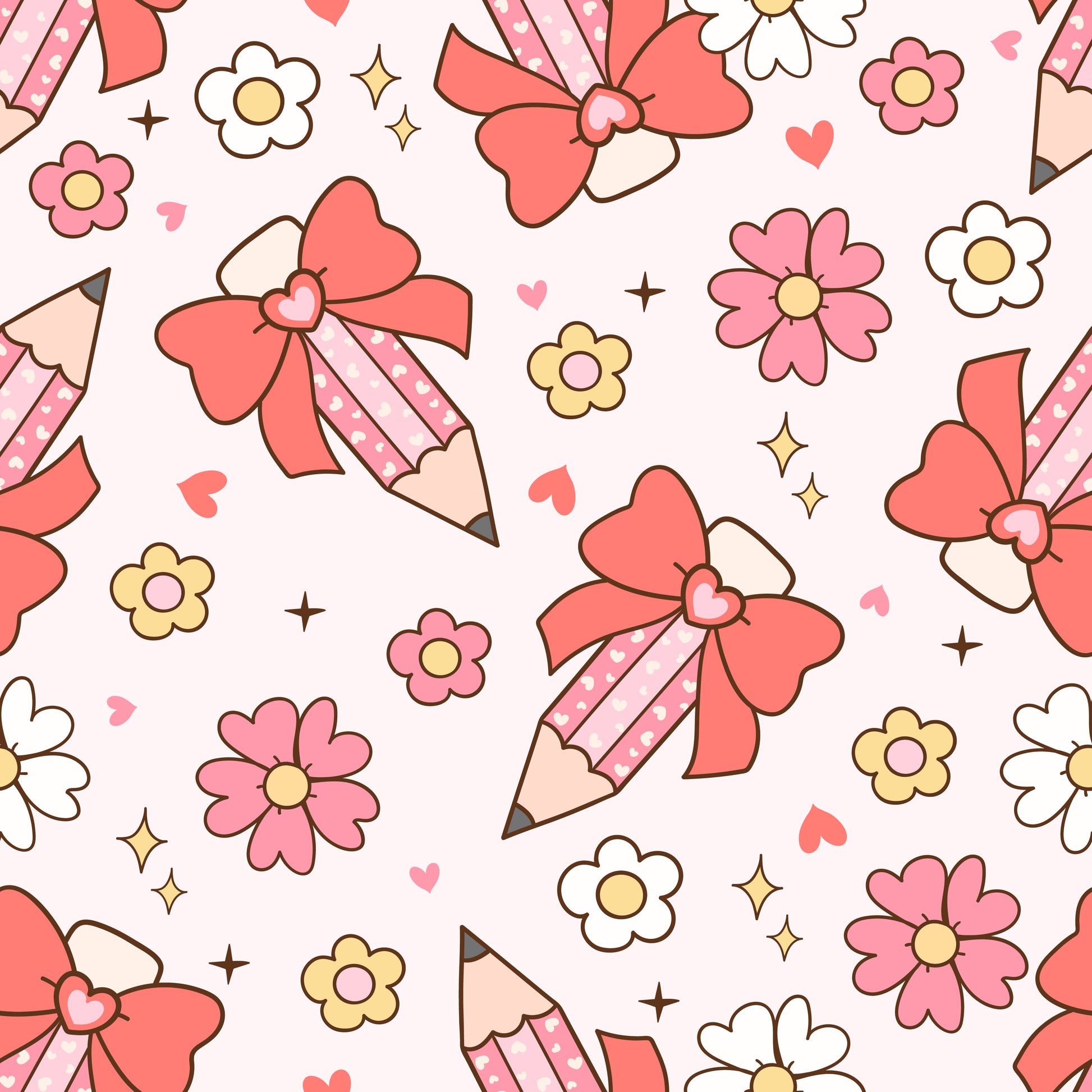 Pattern of pink pencils with red bows and flowers on a white background