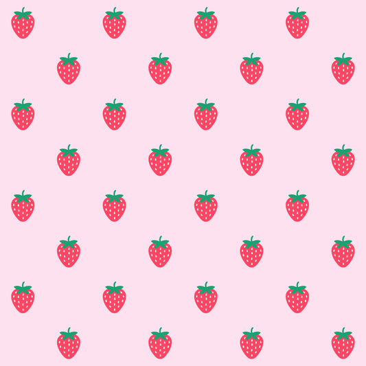 Pattern of red strawberries with green leaves on a pink background