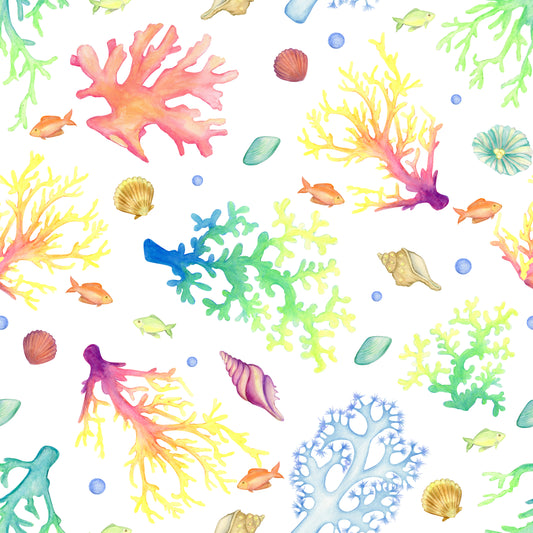 Colorful underwater scene with coral, fish, and shells on a white background