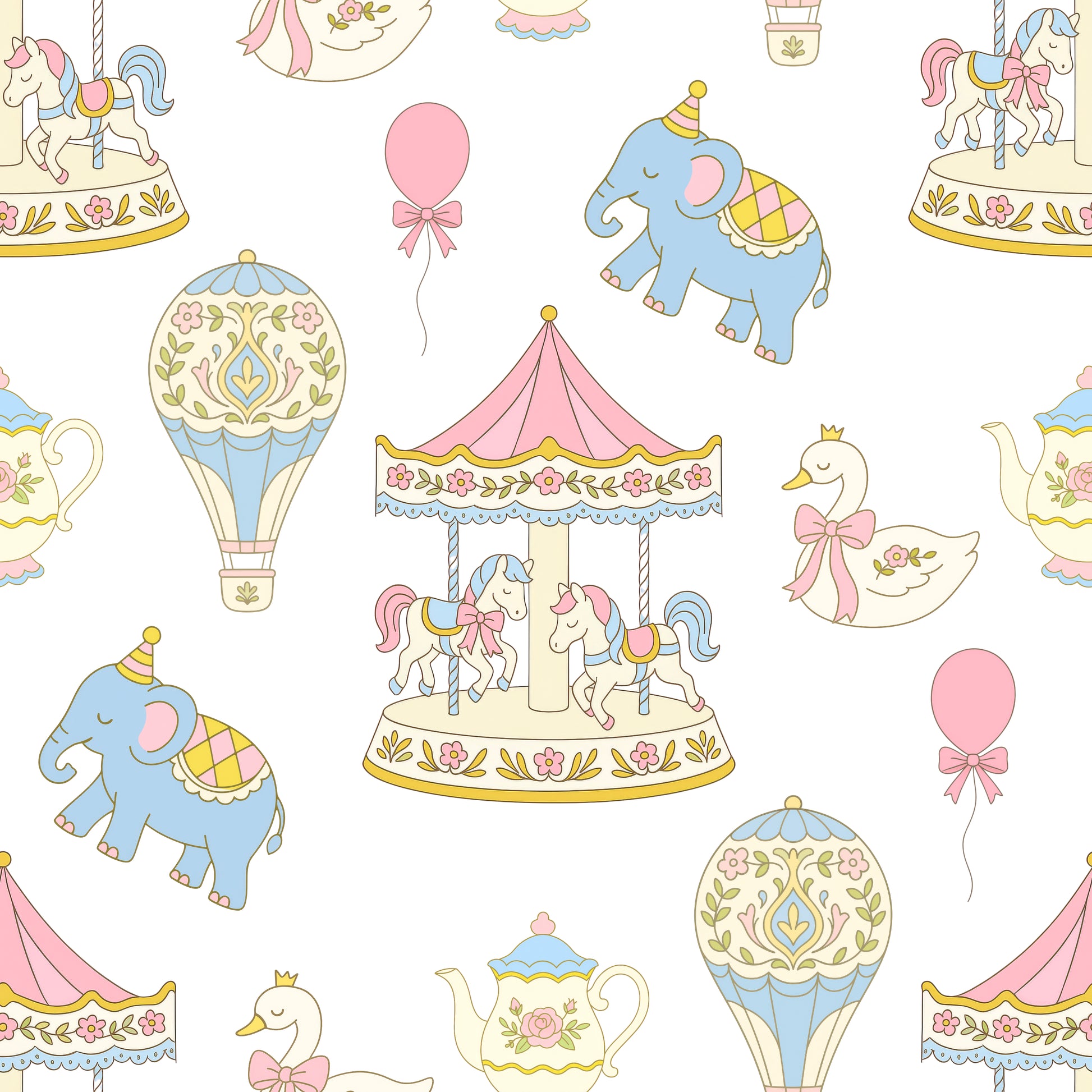 Pastel-colored carousel, hot air balloon, and elephant pattern on a white background