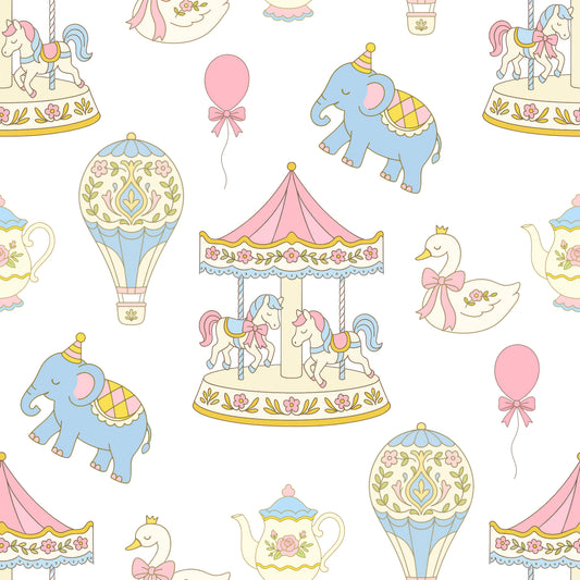 Pastel-colored carousel, hot air balloon, and elephant pattern on a white background