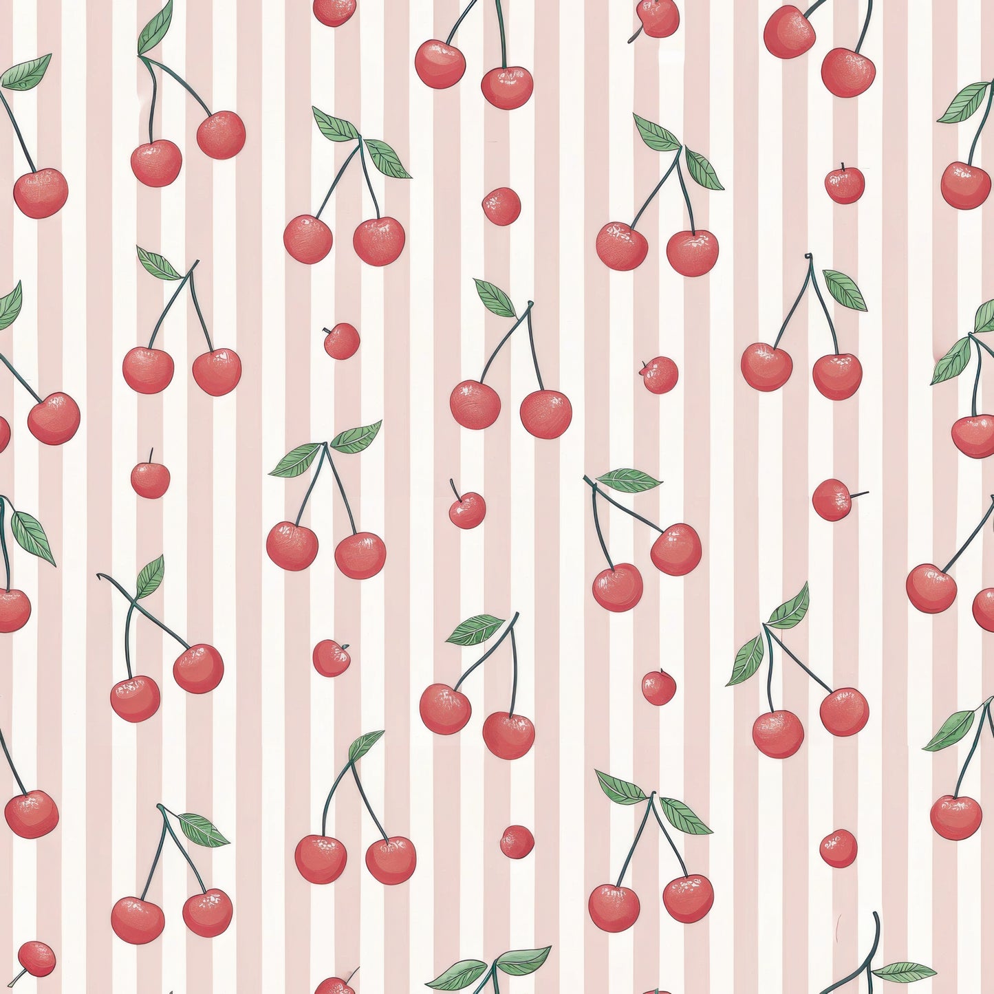 Pattern of red cherries with green leaves on a pink striped background
