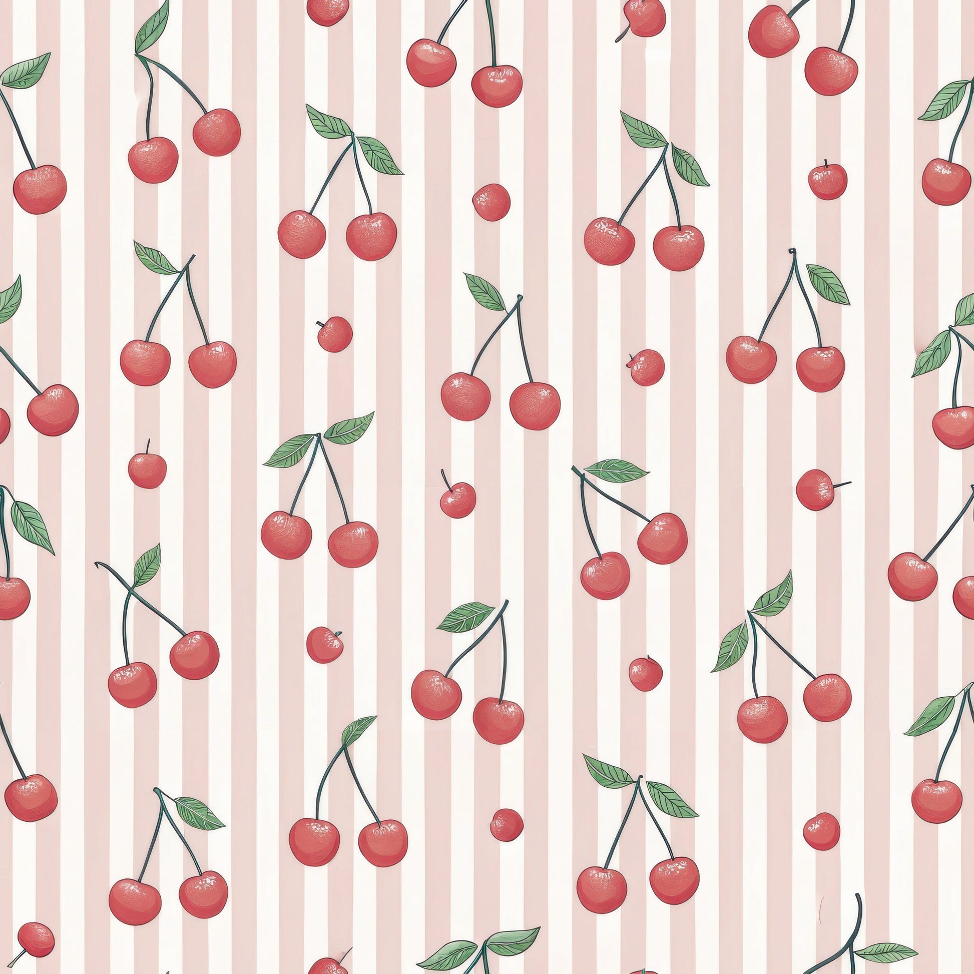 Pattern of red cherries with green leaves on a pink striped background