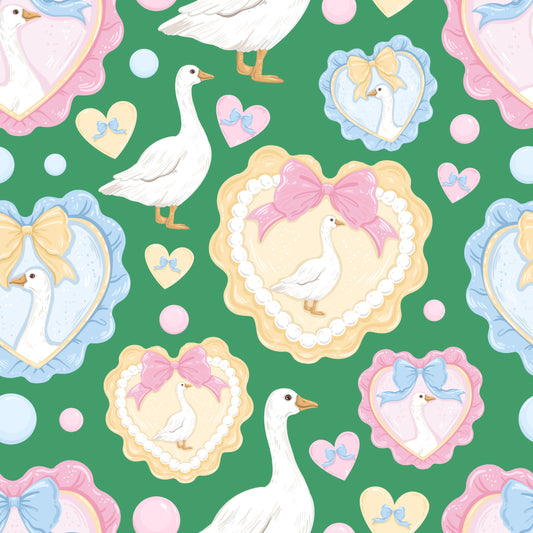 Pattern of geese, cookies with bows, and hearts on a green background