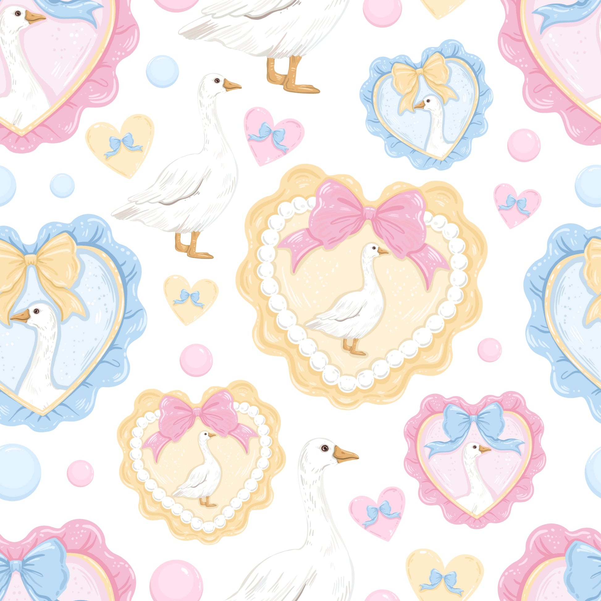 Pattern of white geese with decorative bows and hearts on a white background
